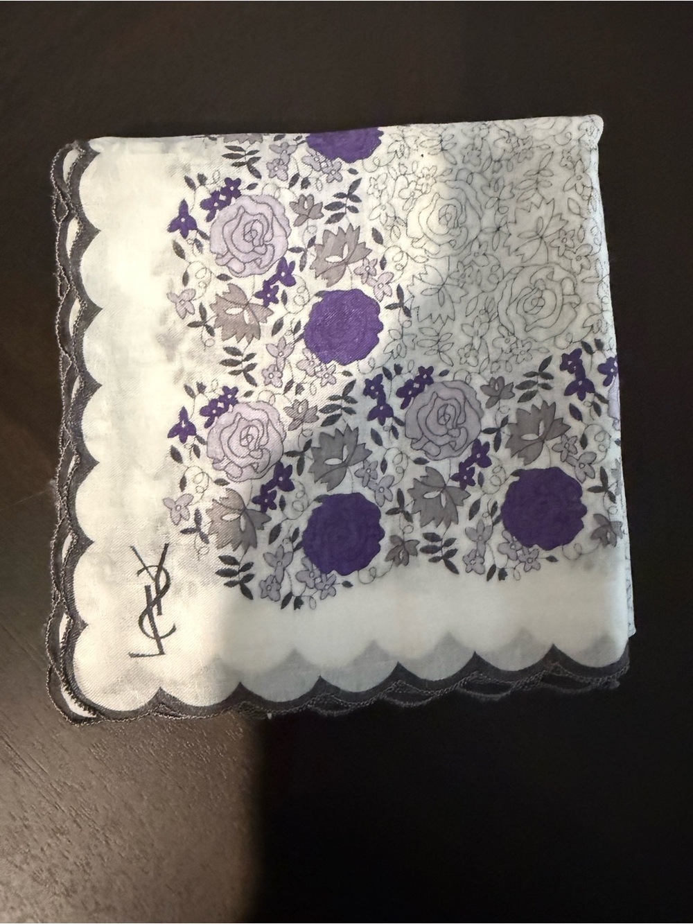Yves Saint Laurent Purple Floral Scalloped Handkerchief 21X21